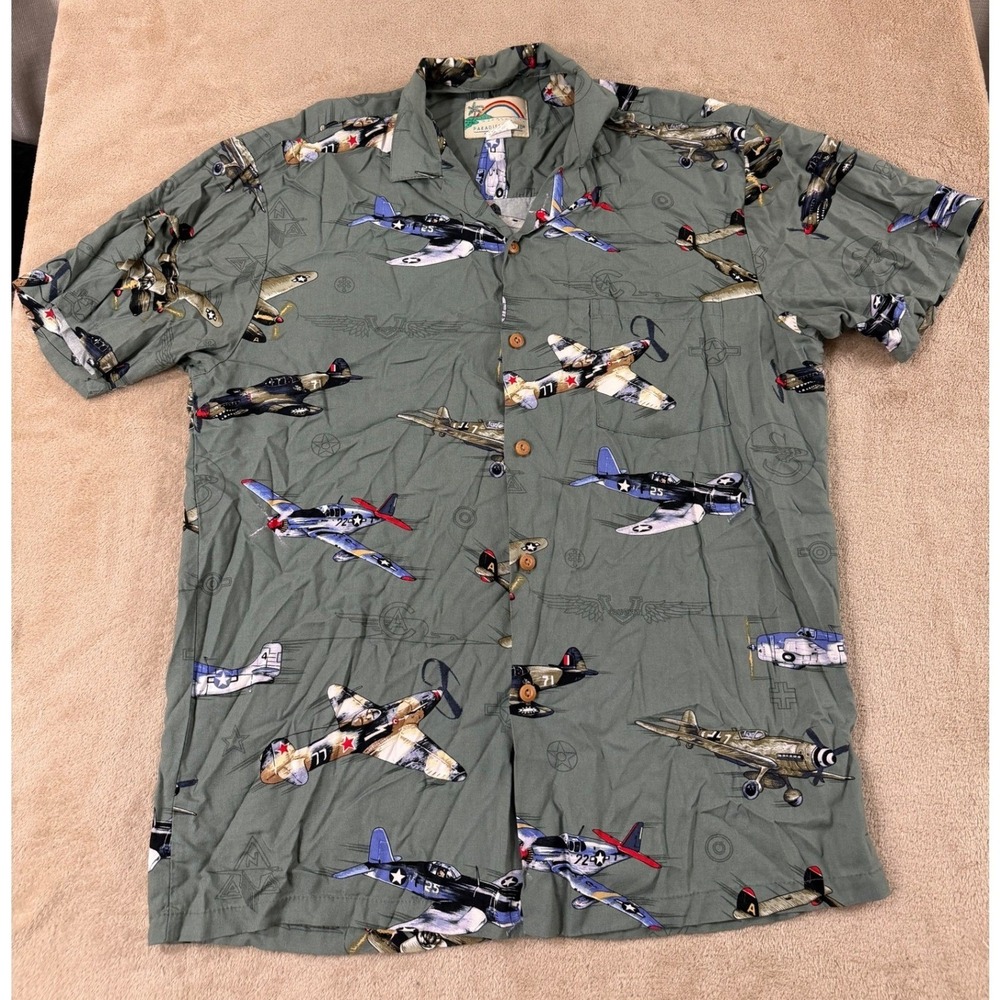 Vintage Paradise Found Hawaiian Shirt Mens‎ Medium Sage Green Fighter Planes EUC